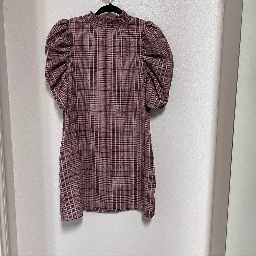 GB Womens Plaid Dress w/ Pockets Sz Small Puffed Sleeves Zippered Back